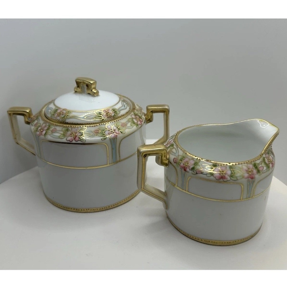 Vintage Coquette Hand Painted Porcelain Sugar Bowl and Creamer Set Gold Floral